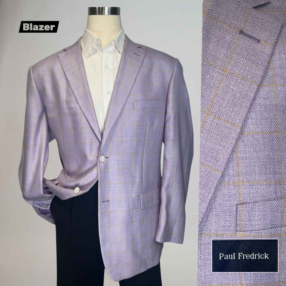 Paul Fredrick Blazer 50R Purple Lavender Camel Gold Plaid Herringbone Silk Wool